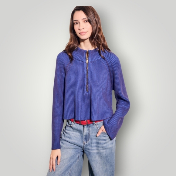 Free People Blue Ribbed Mock Neck Half Zip Sweater XL Oversized Slouchy Boho - Picture 11 of 12